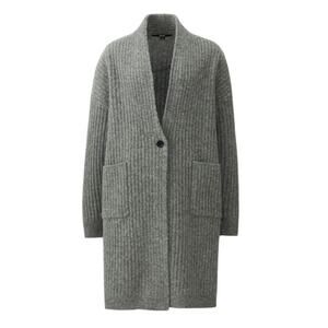 Uniqlo 100% Wool Mid Length Long Sleeve Cardigan Sweater Rib Knit Gray Womens S